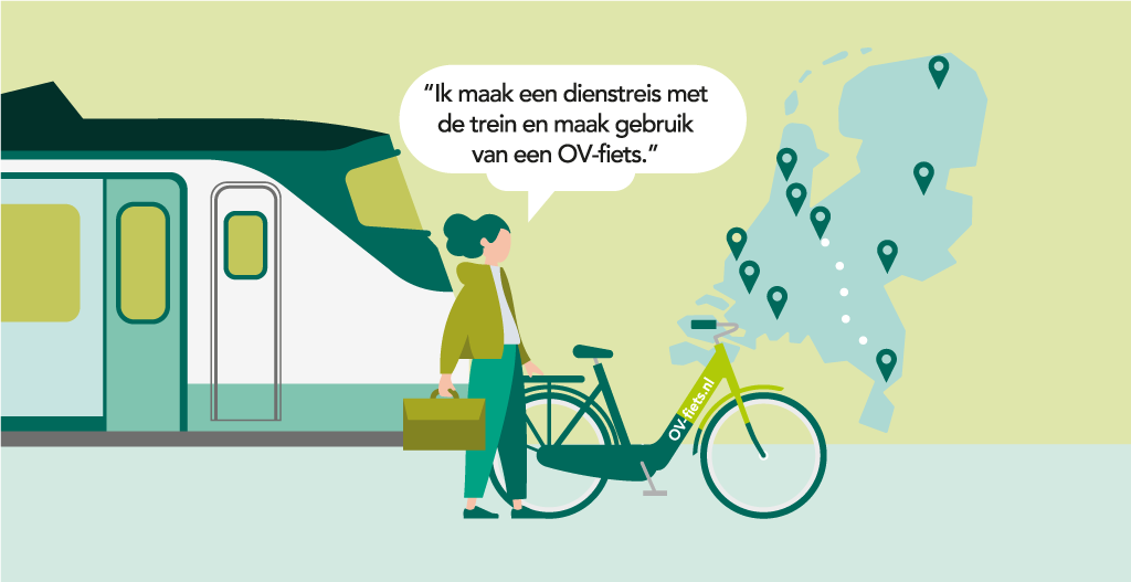 Een medewerker maakt voor een binnenlandse dienstreis tussen SVB locaties gebruik van de fiets en het openbaar vervoer.