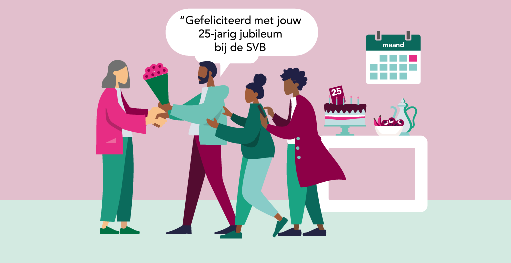 Een medewerker wordt door haar teamleden gefeliciteerd met het 25 jarig jubileum bij de SVBen ontvangt bloemen en een kado namens de SVB.